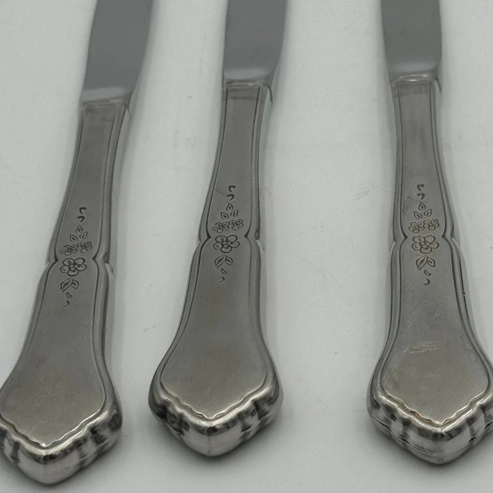 Vintage Stainless Steel Floral Etched Dinner Knives Set of 3 Serrated 9 Inch